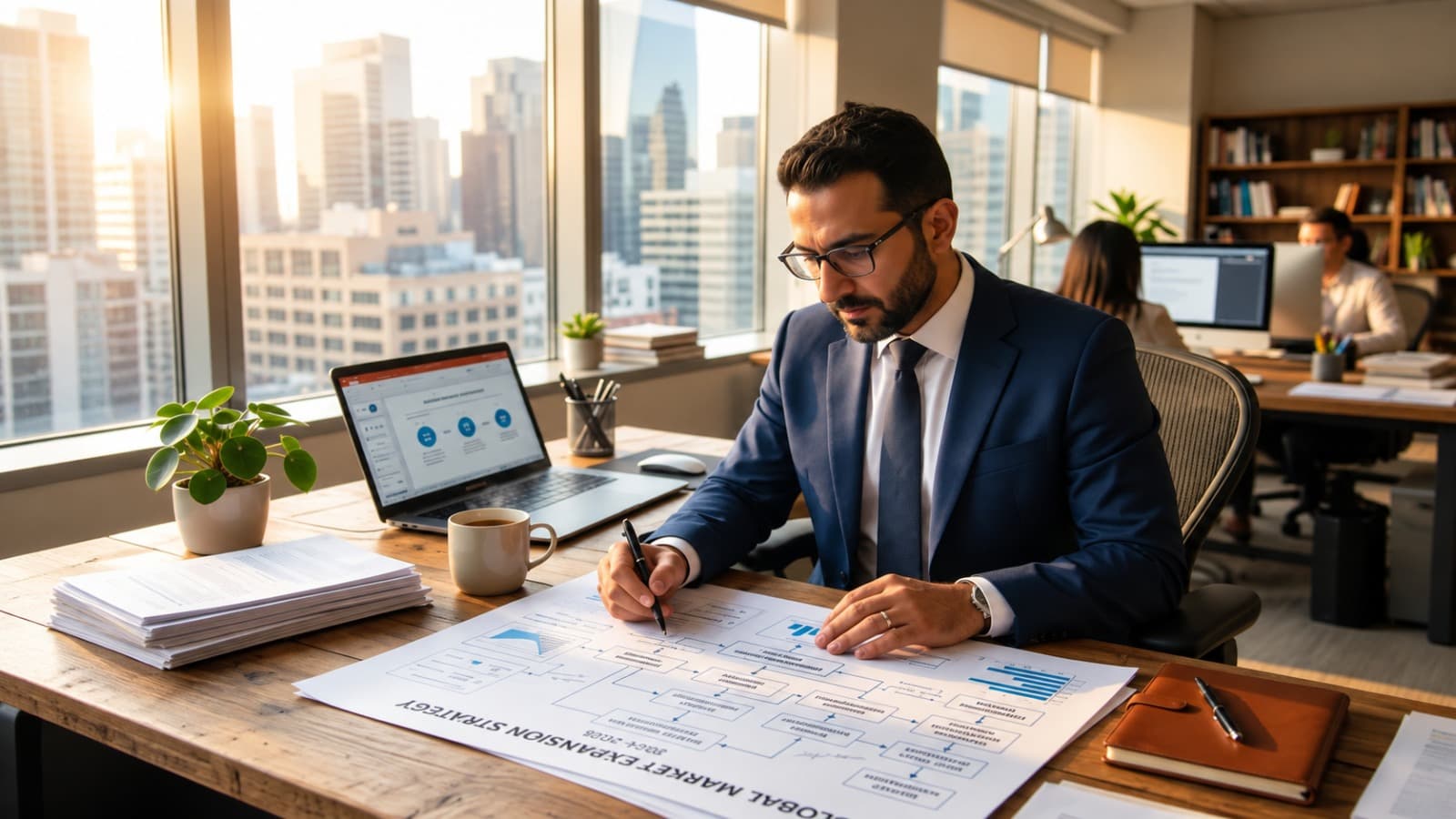 A man in a suit marking up a large printed global market expansion strategy flowchart at a desk in a city office.