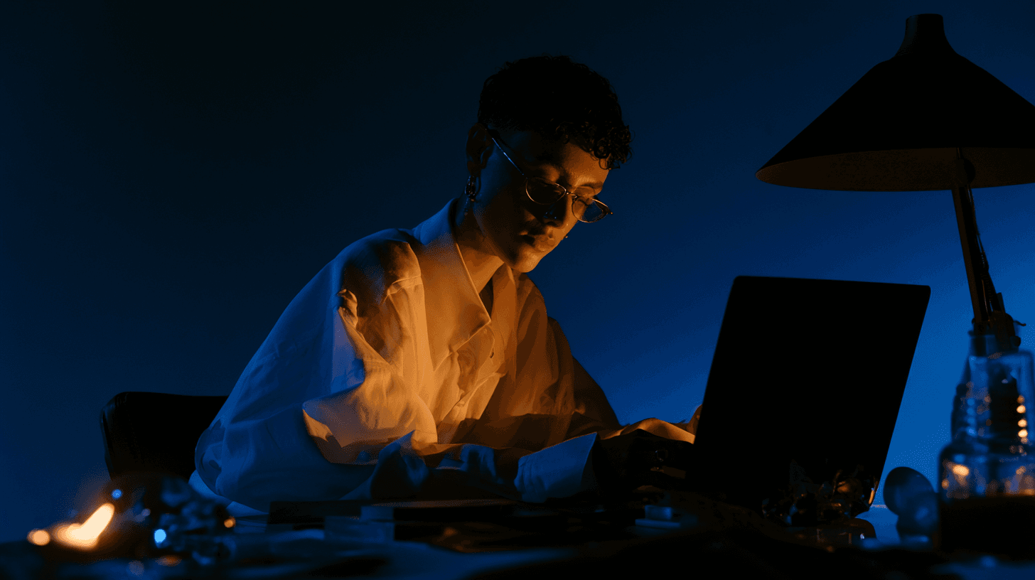 A consultant working at a lamp-lit desk