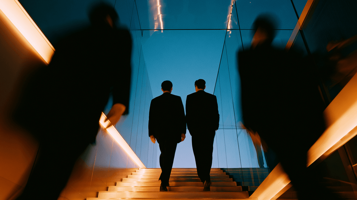Low-angle wide shot of four businesspeople walking together
