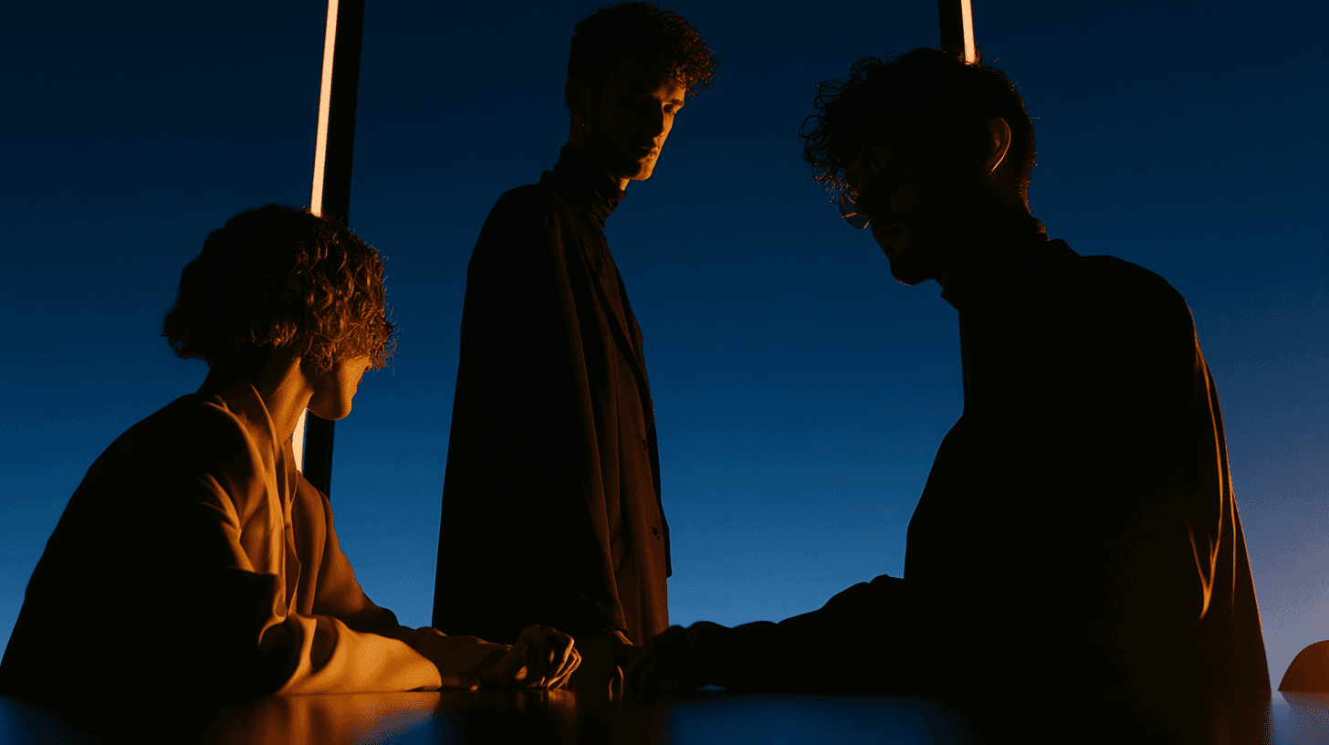 Three consultants in low light, mid-discussion around a table